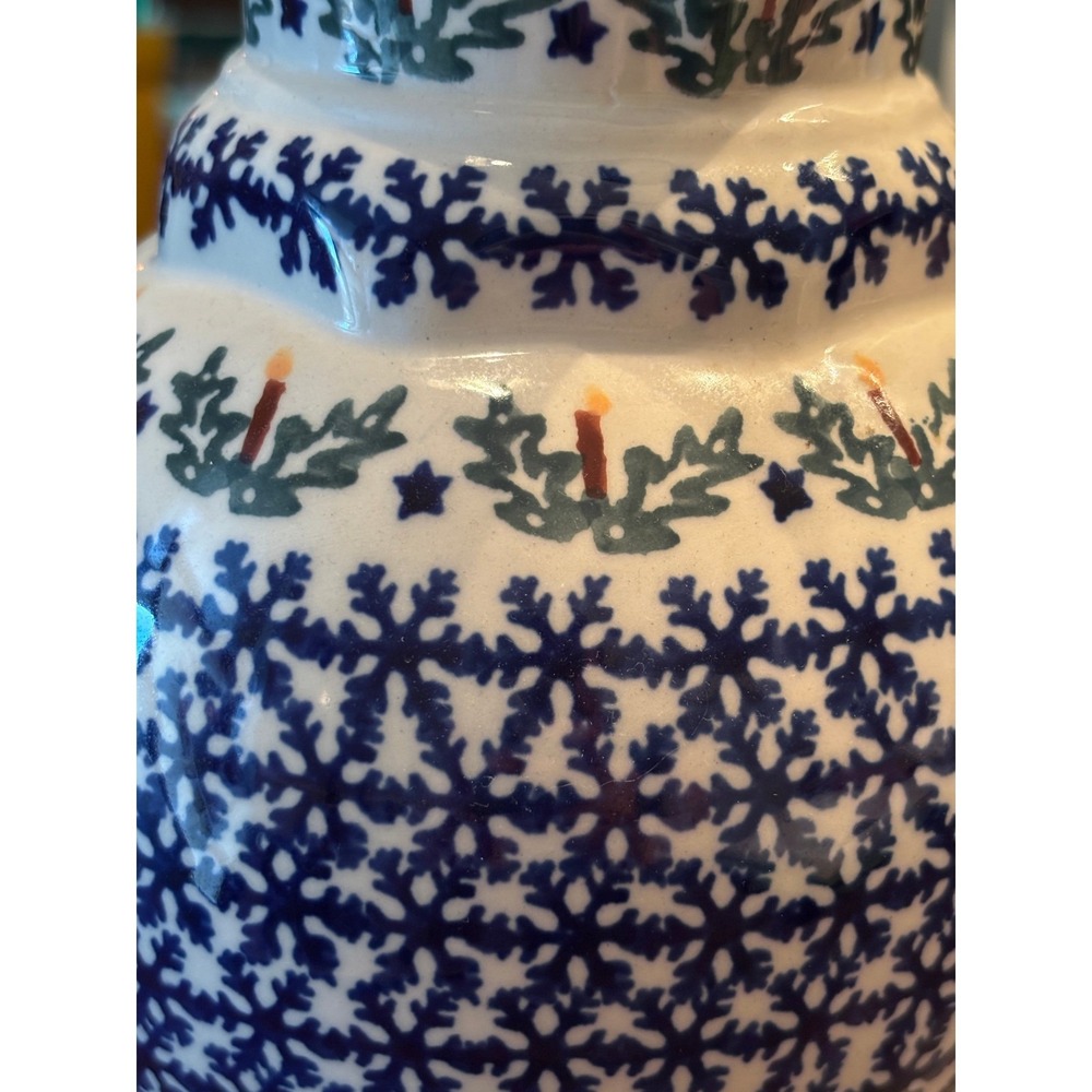 Boleslawiec Polish Pottery Pitcher Snowflake Holly Candle Hand Made Poland Blue - Picture 5 of 10